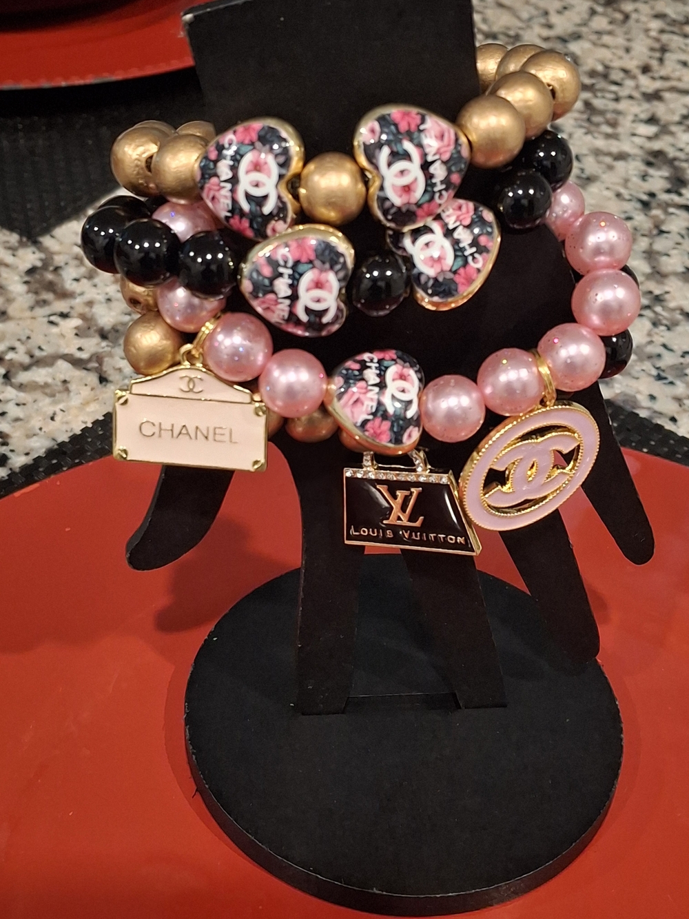 Pink Pearl and Black Bead Bracelet Set